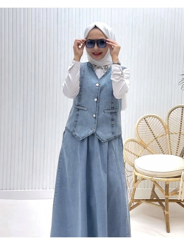 V Yaka Yelekli Etekli Kot Takım -Buz Mavi