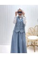 V Yaka Yelekli Etekli Kot Takım -Buz Mavi