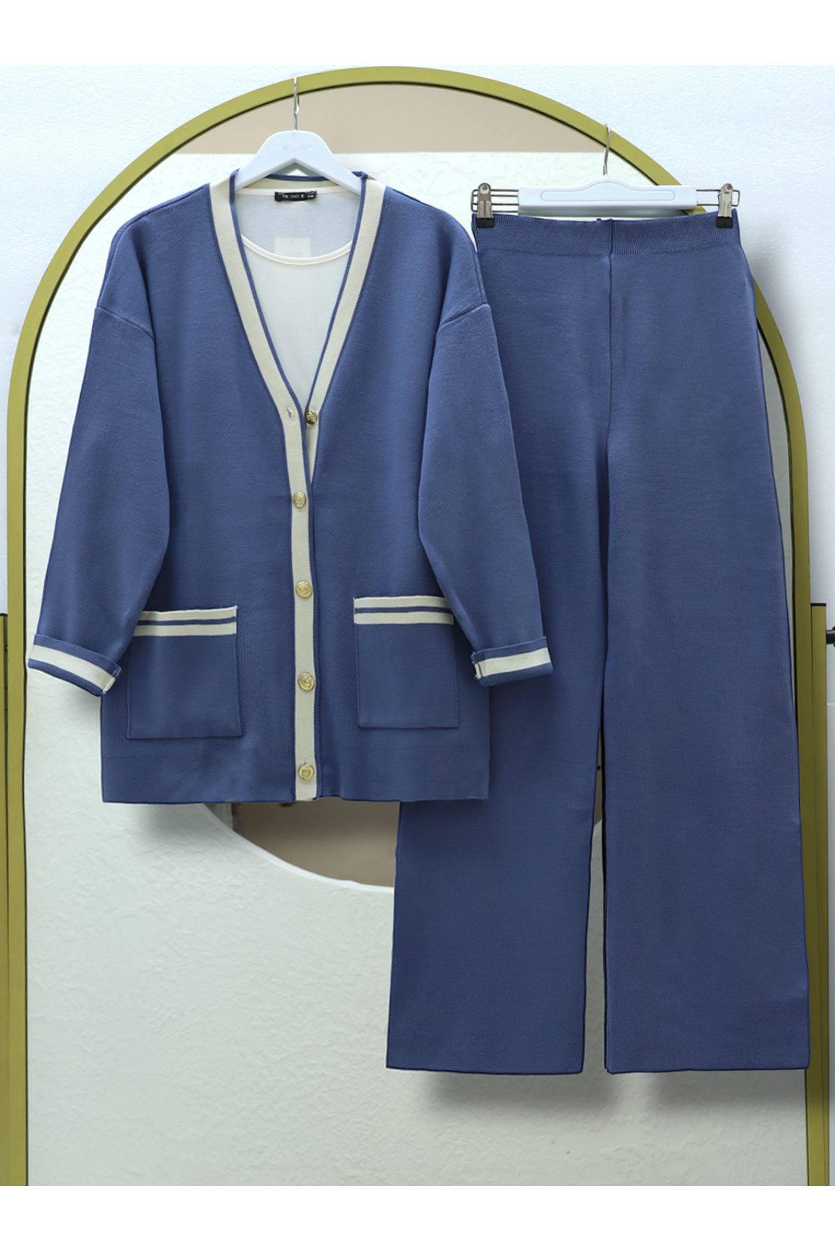 Metal Düğmeli Cepli Triko Hırkalı İkili Takım -İndigo