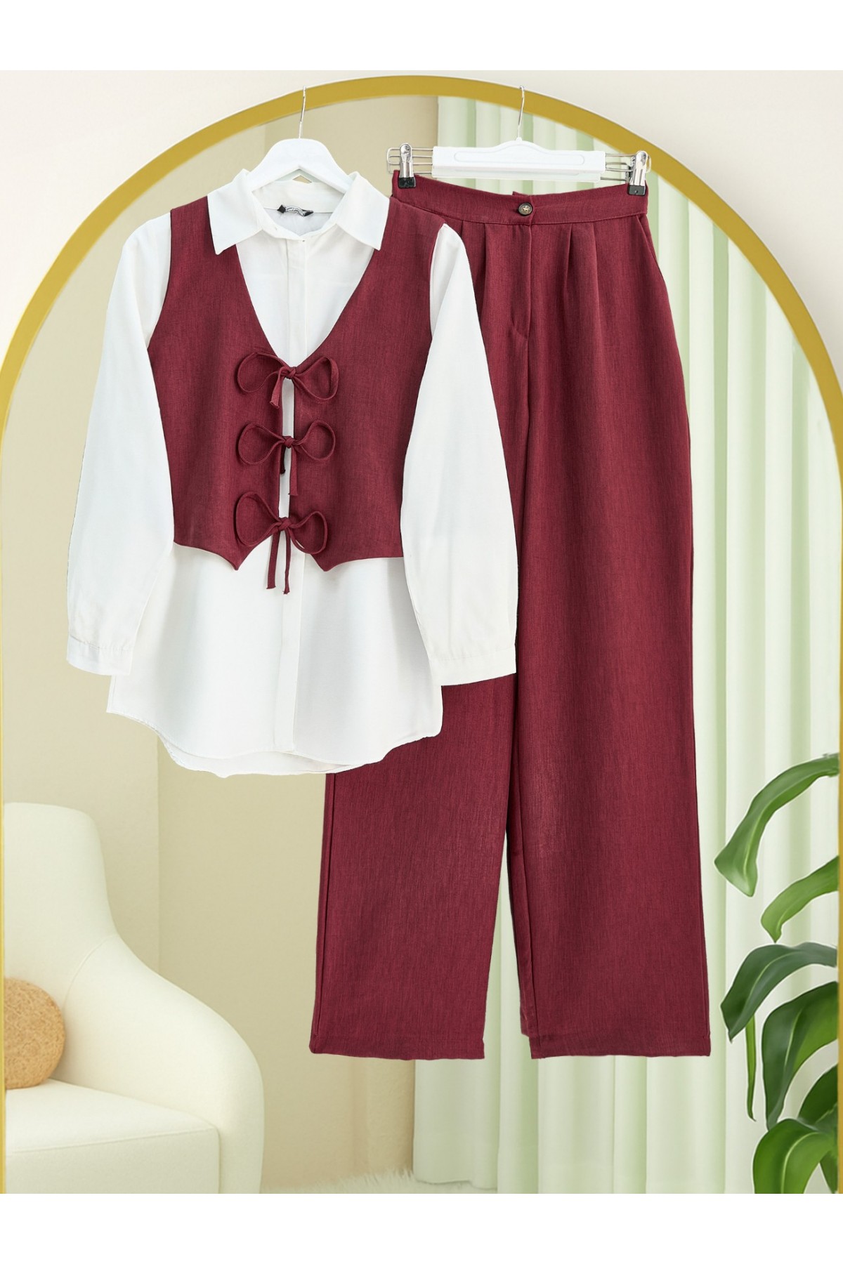 Önü Bağlamalı Yelek Pantolon İkili Takım   -Bordo