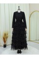Eteği Katlı Serpme İncili Tül Abaya Takım -Siyah