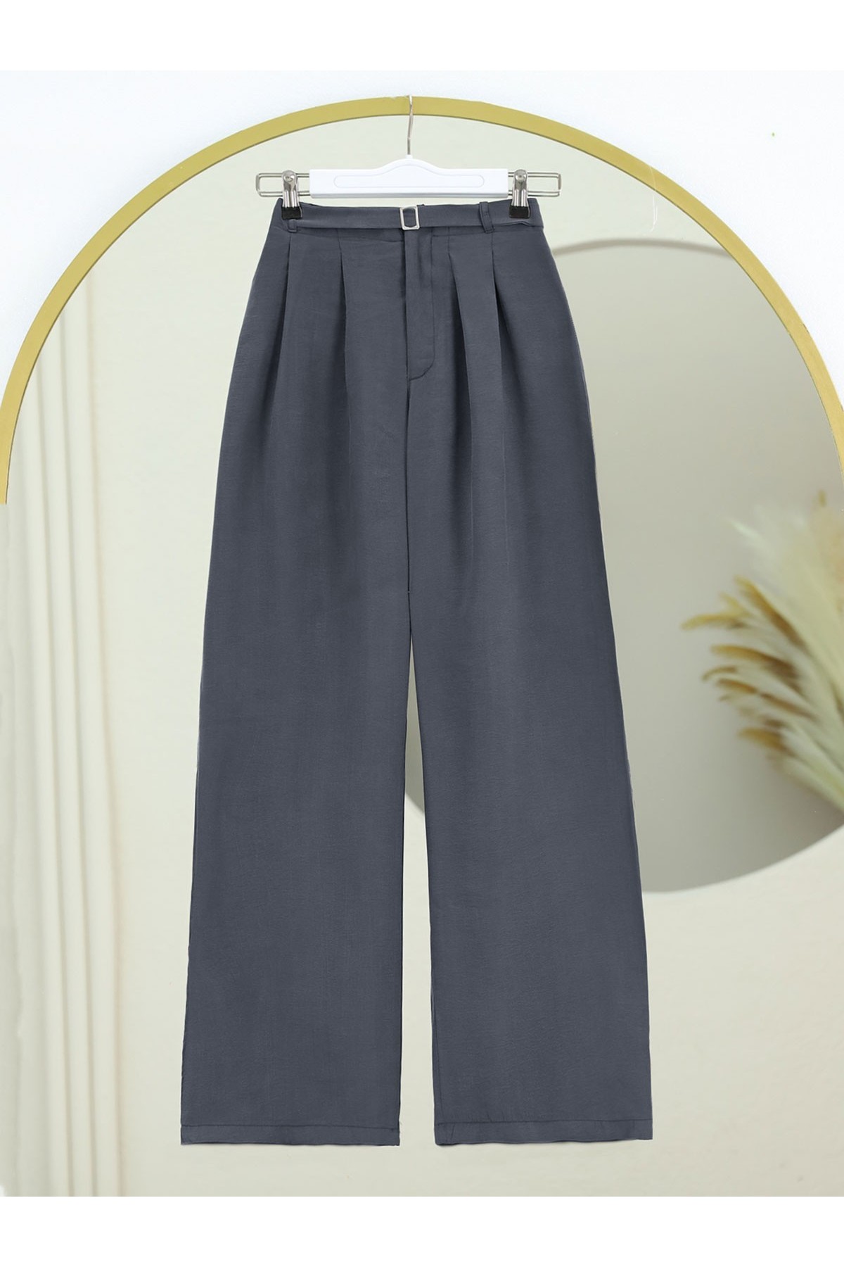 Beli Lastikli Kemer Detaylı Tensel Cupra Pantolon -Füme