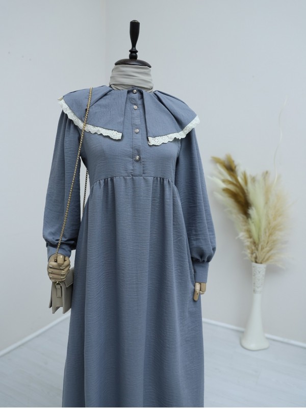 Önlük Yaka Büzgülü Yarım Düğme Keten Elbise  -Gri
