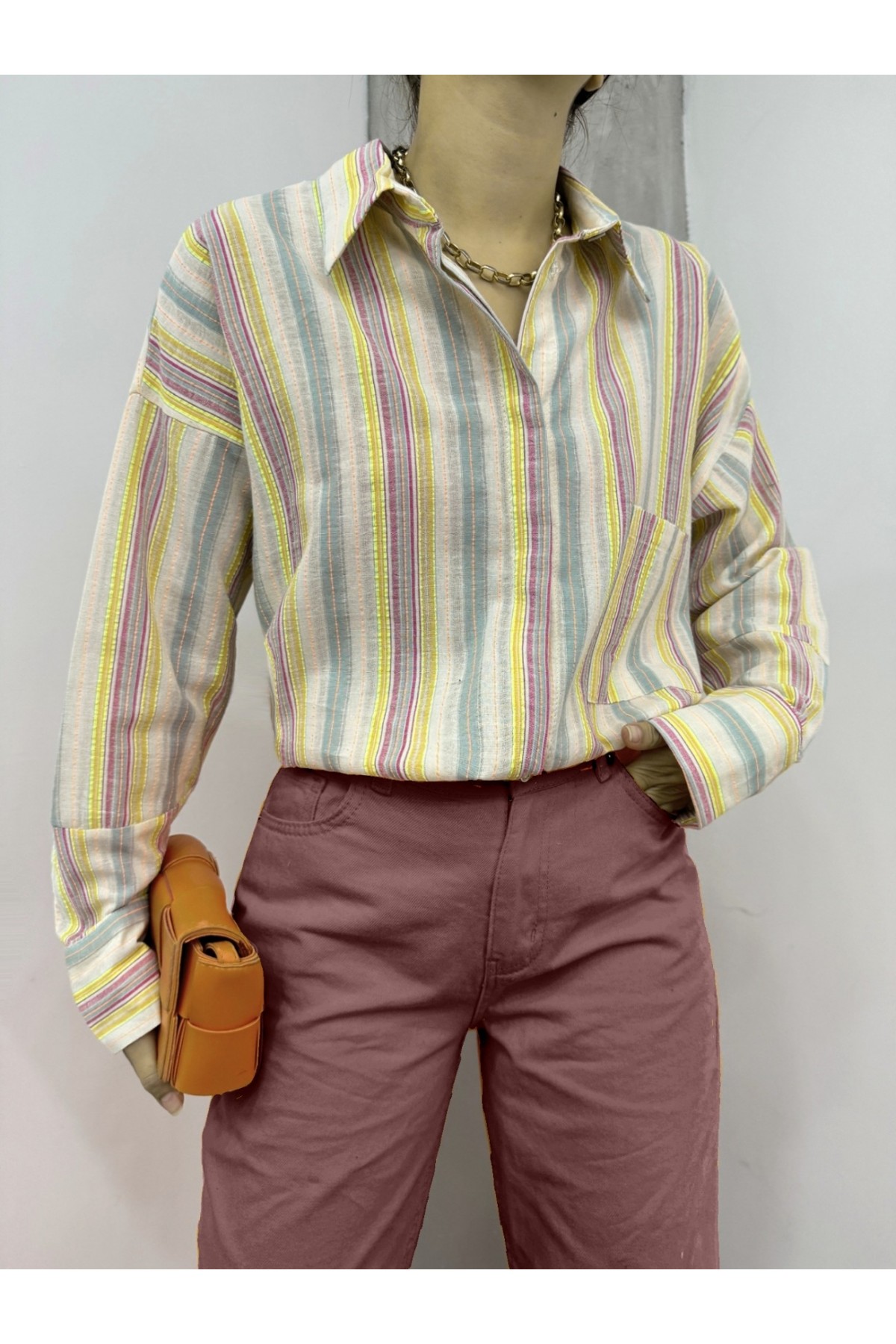 Kabartma Çizgili Tek Cepli Oversize Gömlek -Fosfor Y.