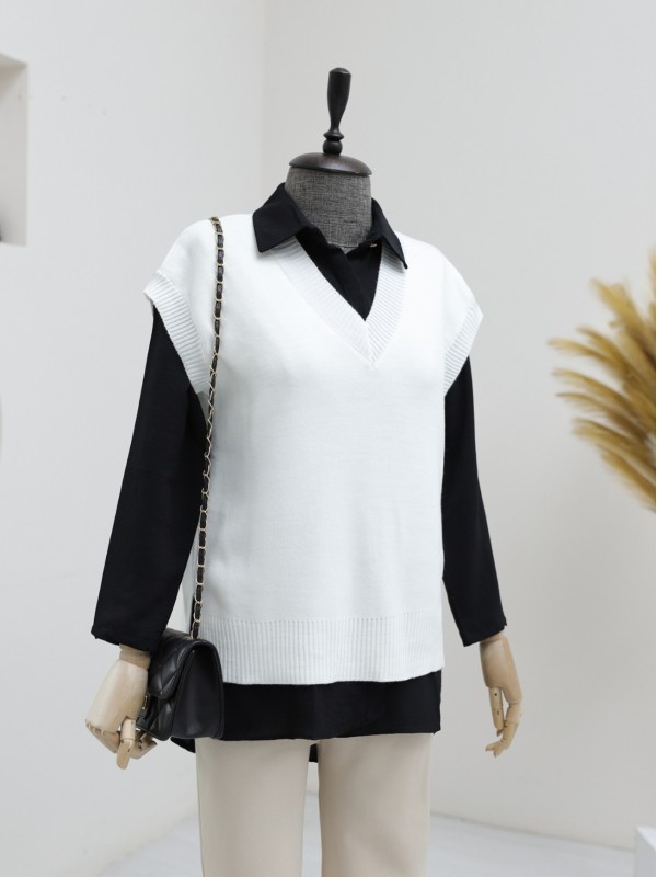 Arkası Uzun V Yaka Yırtmaçlı Süeter    -Ekru