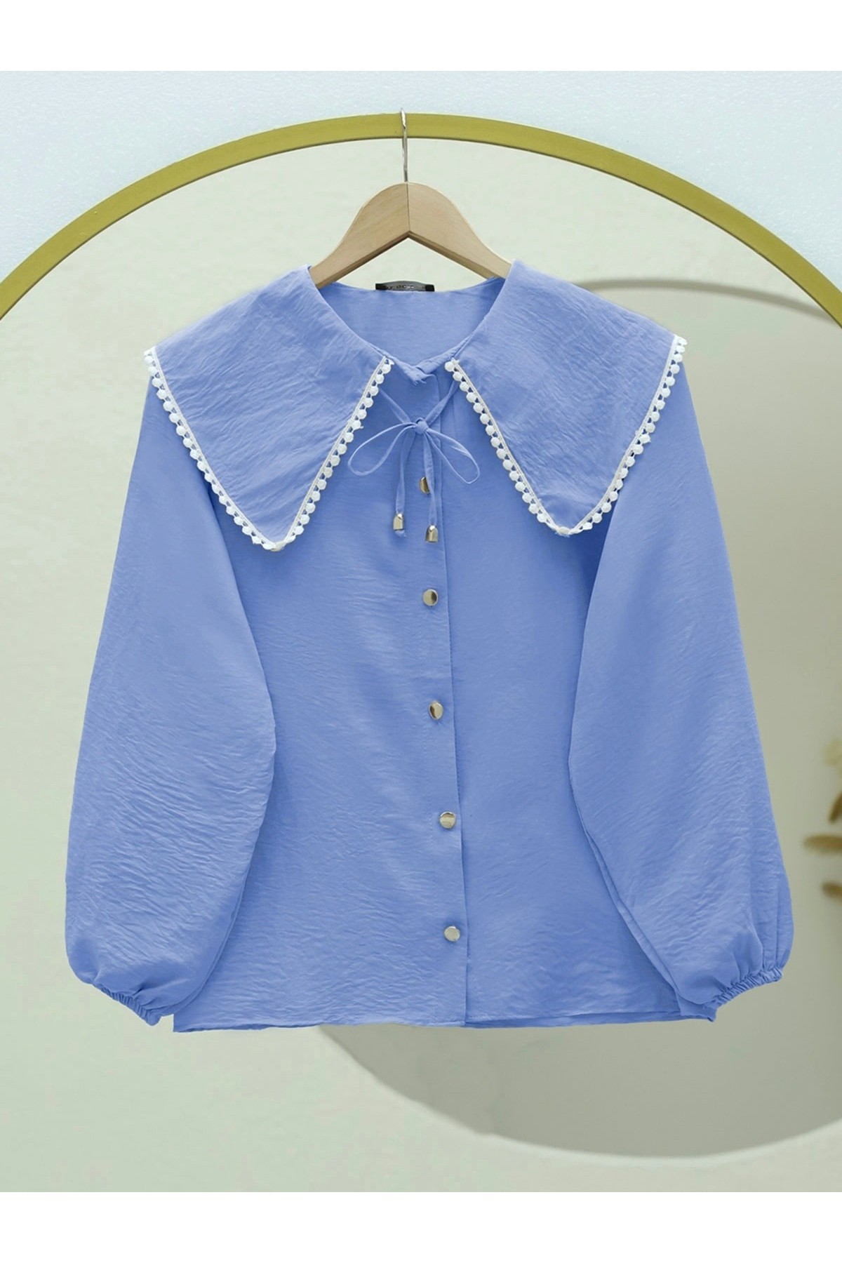 Bebe Yaka Dantelli Kolu Lastikli Gömlek -Mavi
