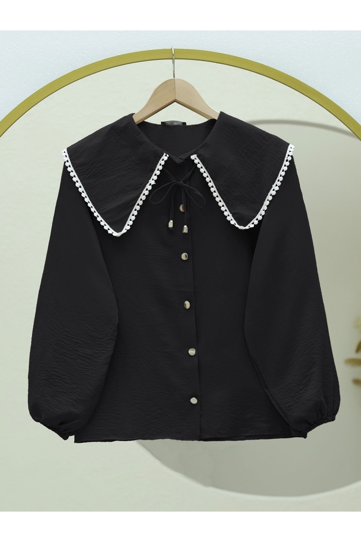 Bebe Yaka Dantelli Kolu Lastikli Gömlek -Siyah