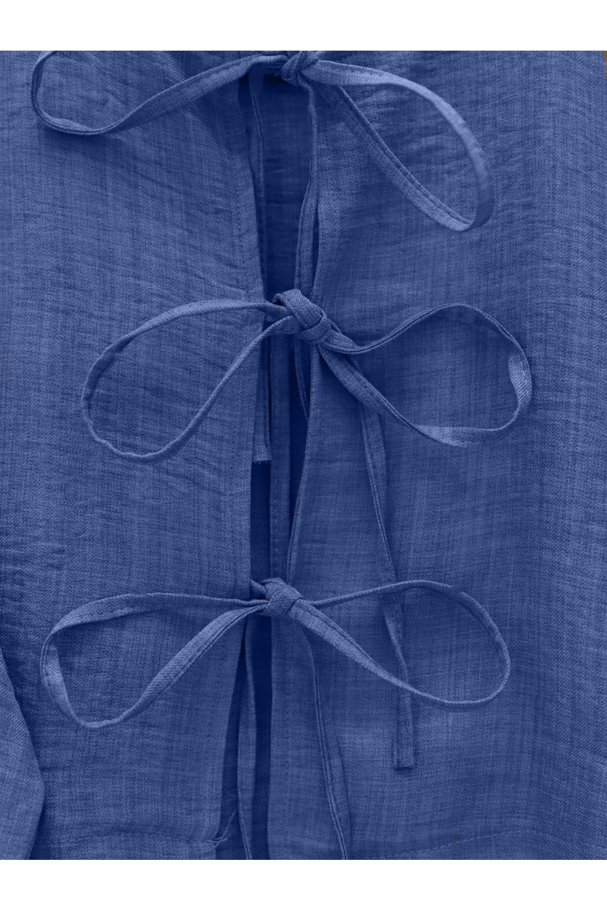 Önü Bağcıklı Beli Lastikli Etekli Keten Takım -İndigo