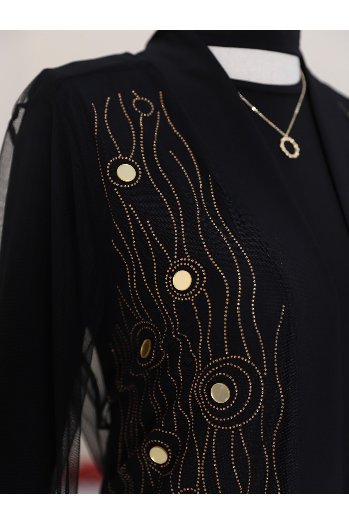 Önü Ve Manşeti Taşlı Abaya  -Bakır