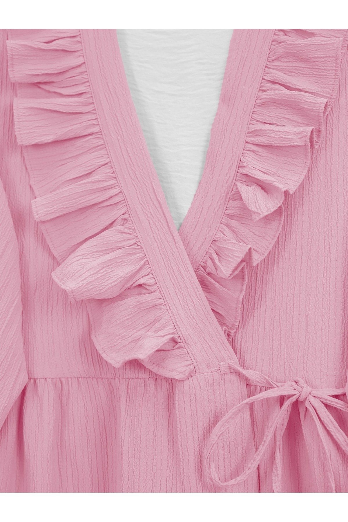 Önü Fırfırlı Bağlamalı Krinkıl Kimono   -Pembe