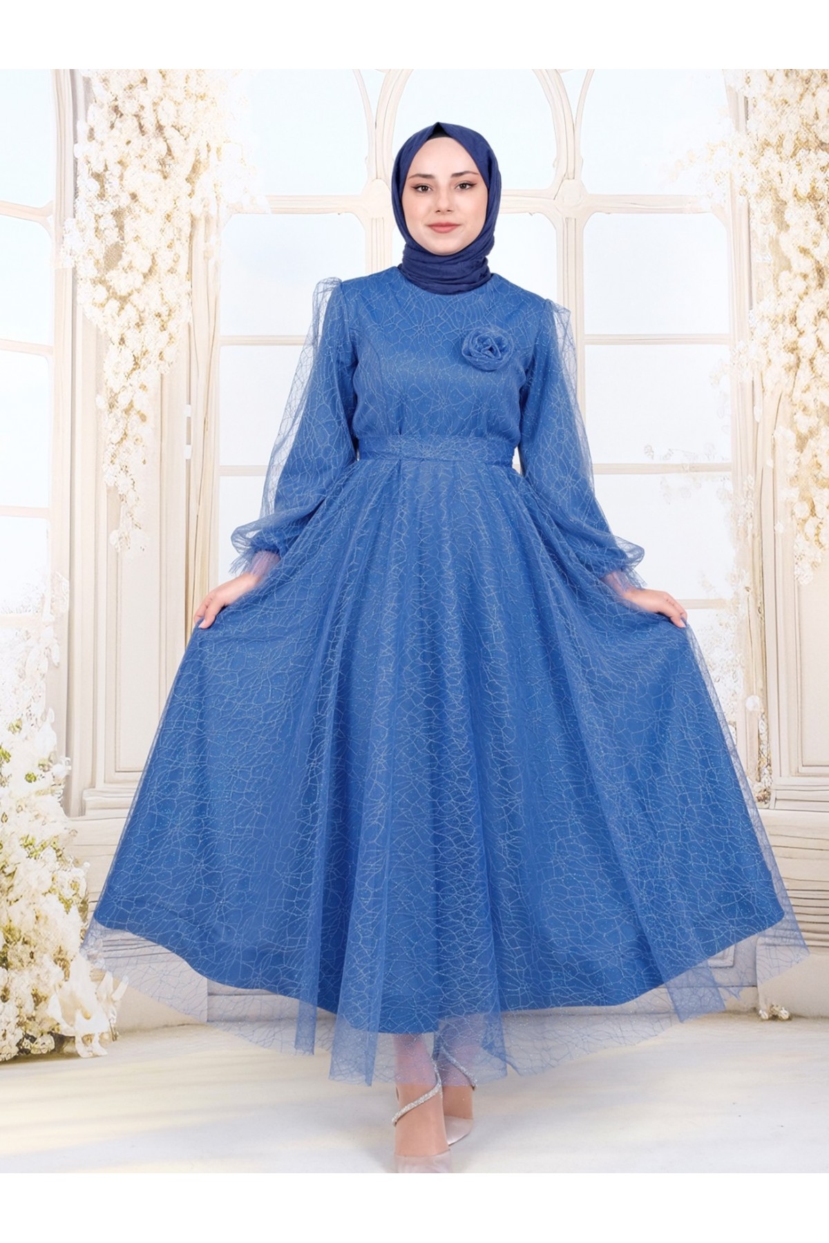 Kolu Lastikli Kuşaklı Simli Kabarık Tül  Abiye -Mavi