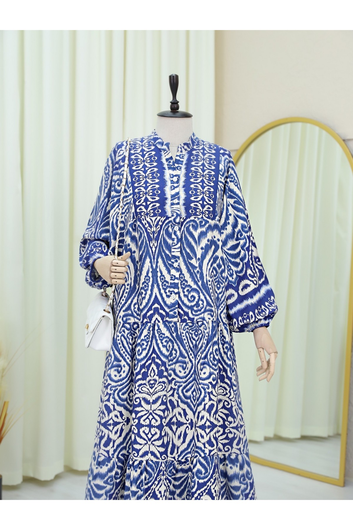 Yarım Düğmeli Dik Yaka Parçalı Elbise -Koyu Mavi