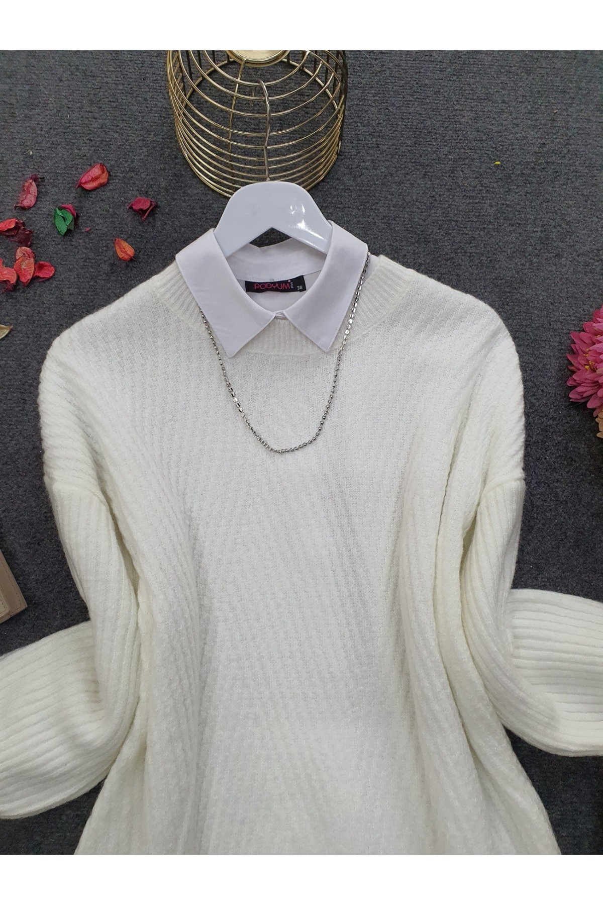 Bisiklet Yaka Baklava Desen Triko Kazak  -Beyaz