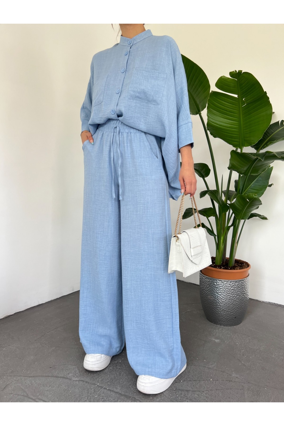 Çift Cepli Yarım Yarasa Kol Salaş Gömlek Takım -Bebe Mavi