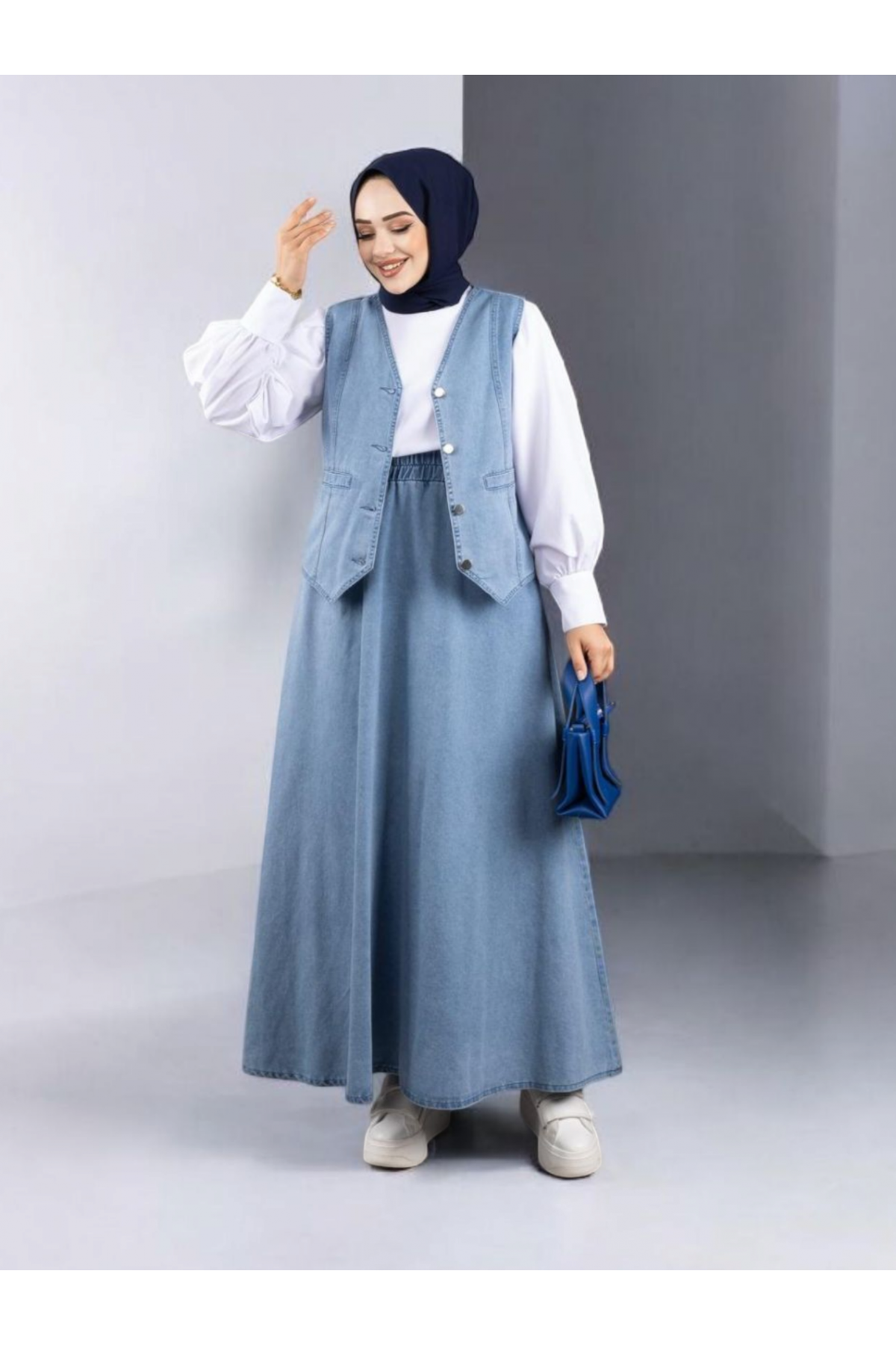 V Yaka Yelekli Etekli Kot Takım -Buz Mavi