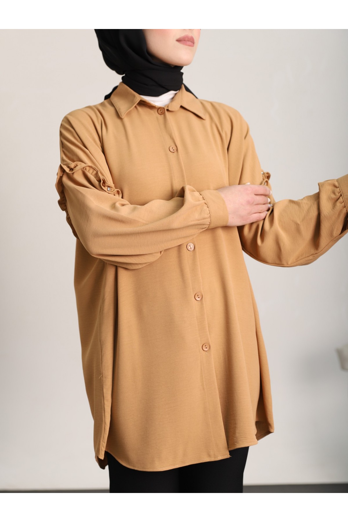 Kolları Taşlı Fırfırlı Salaş Ayrobin Tunik  -Tarçın