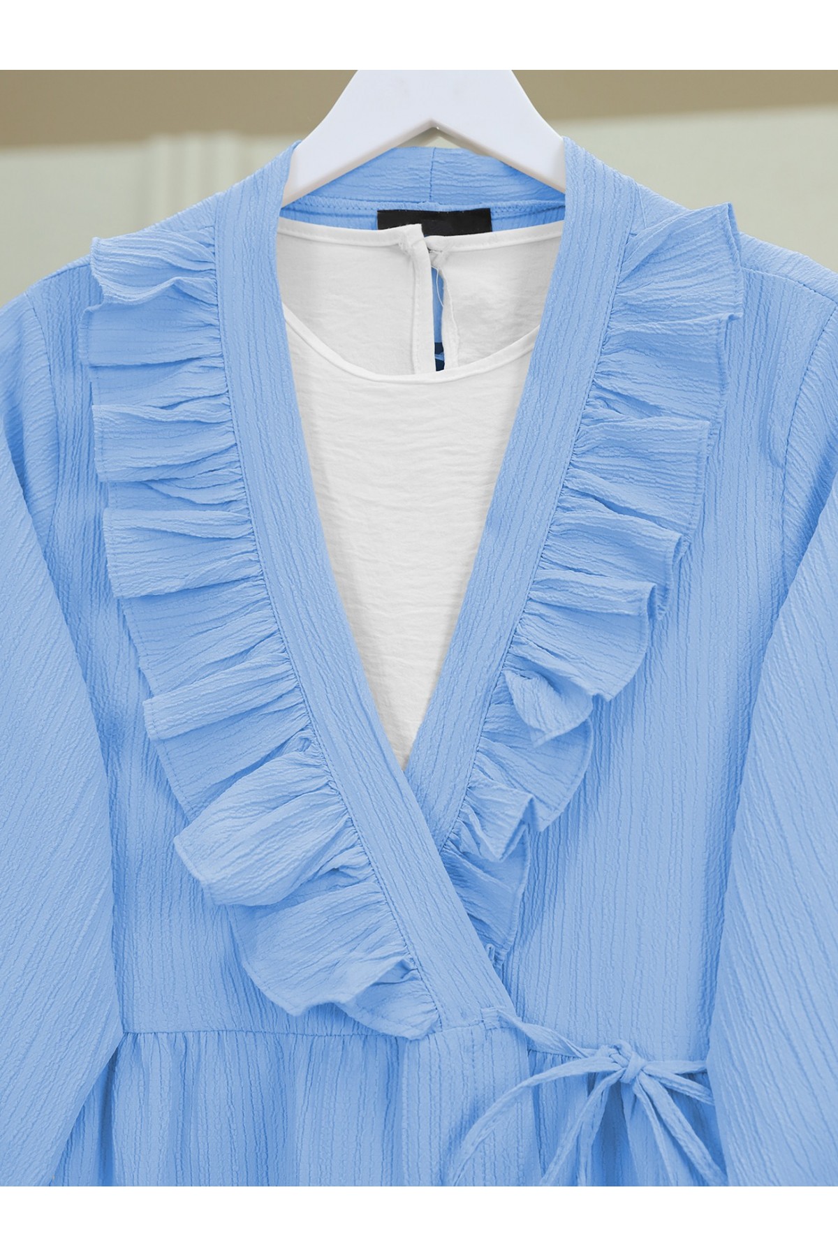 Önü Fırfırlı Bağlamalı Krinkıl Kimono   -Bebe Mavi