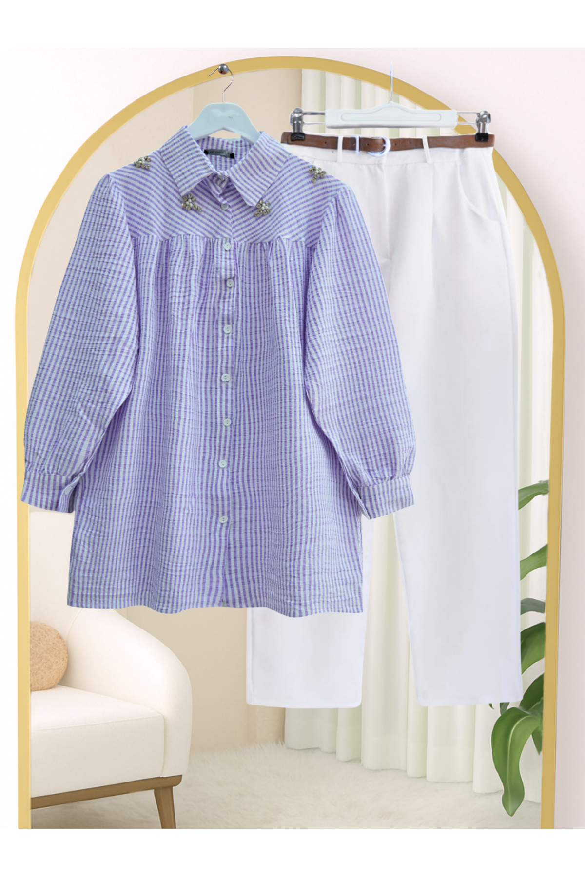 Üstü Taş Ve Boncuk Detaylı Çizgili Gömlek -Lila