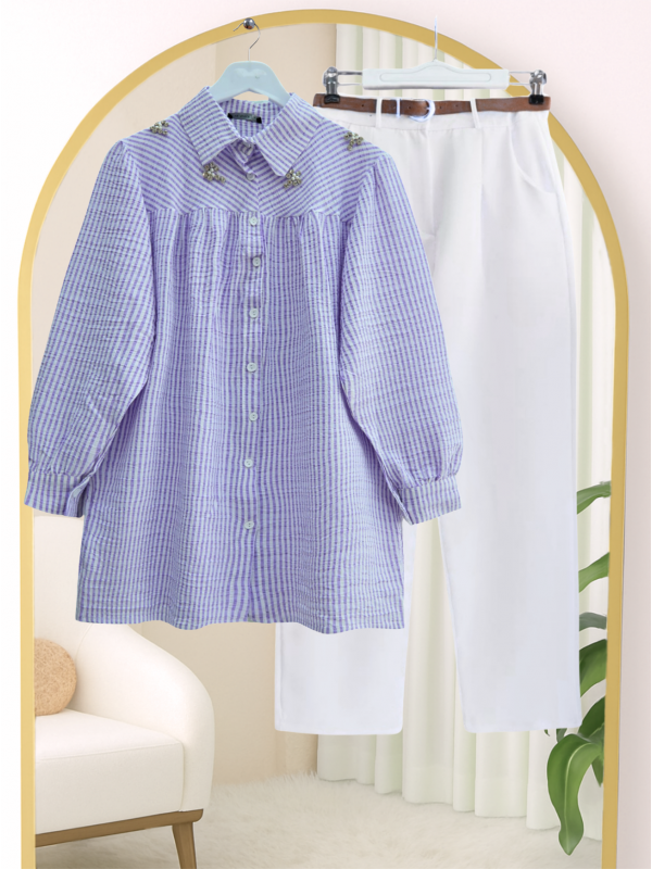 Üstü Taş Ve Boncuk Detaylı Çizgili Gömlek -Lila