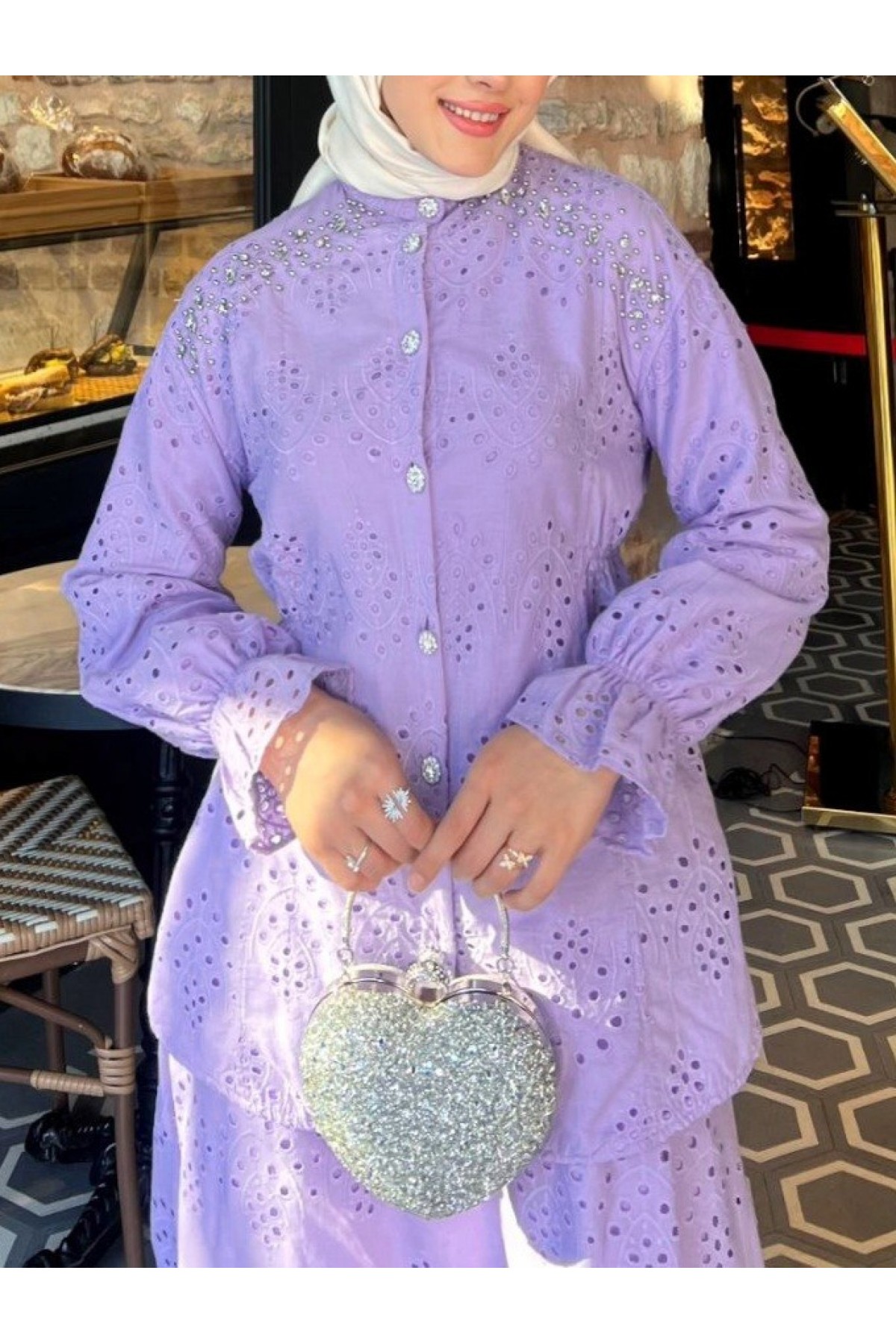 Belden Sıkmalı Omuzu Taş Detaylı Fistolu Takım  -Lila