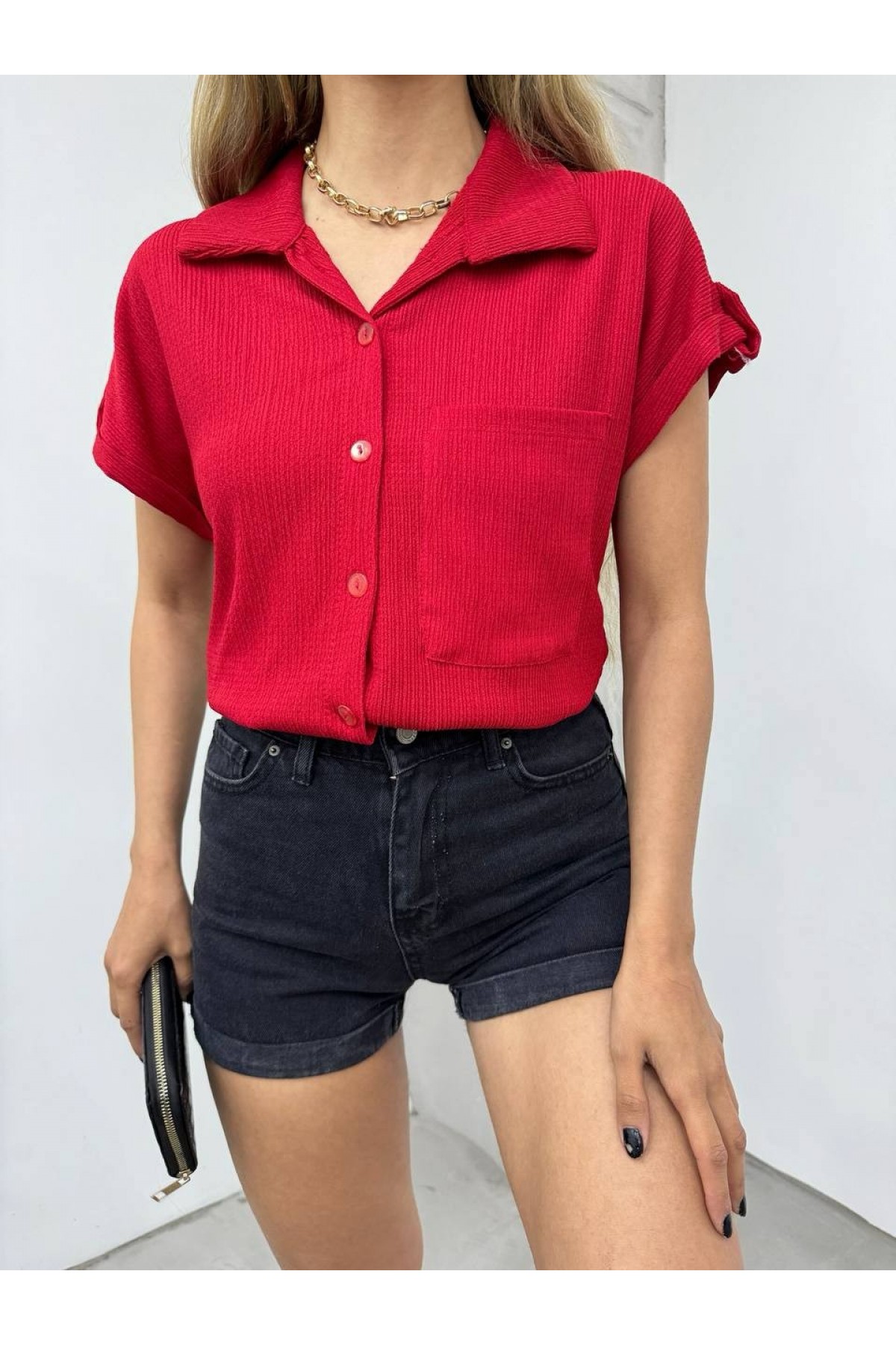 Duble Kol Tek Cepli Bürümcük Gömlek  -Bordo