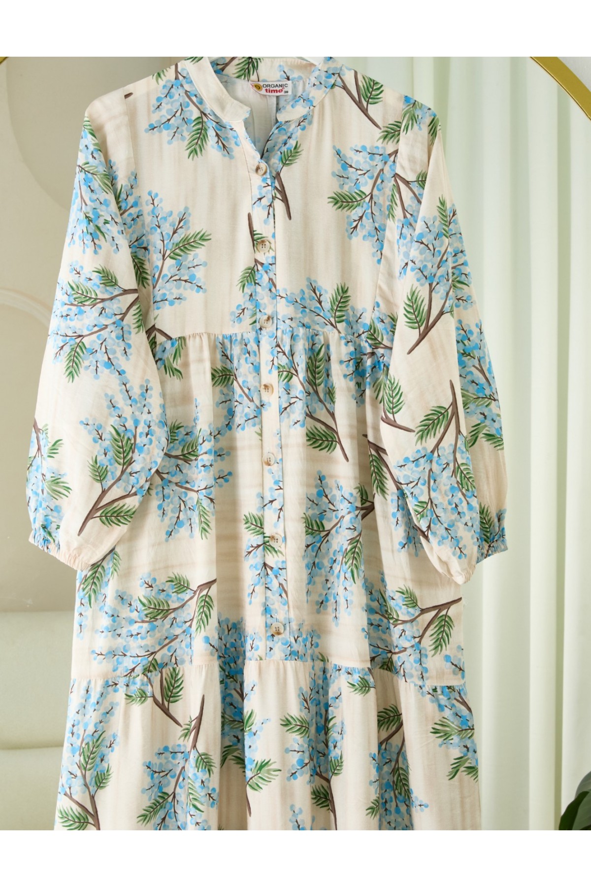 Kolu Lastikli Yarım Düğmeli Desenli Modal Elbise -Mavi