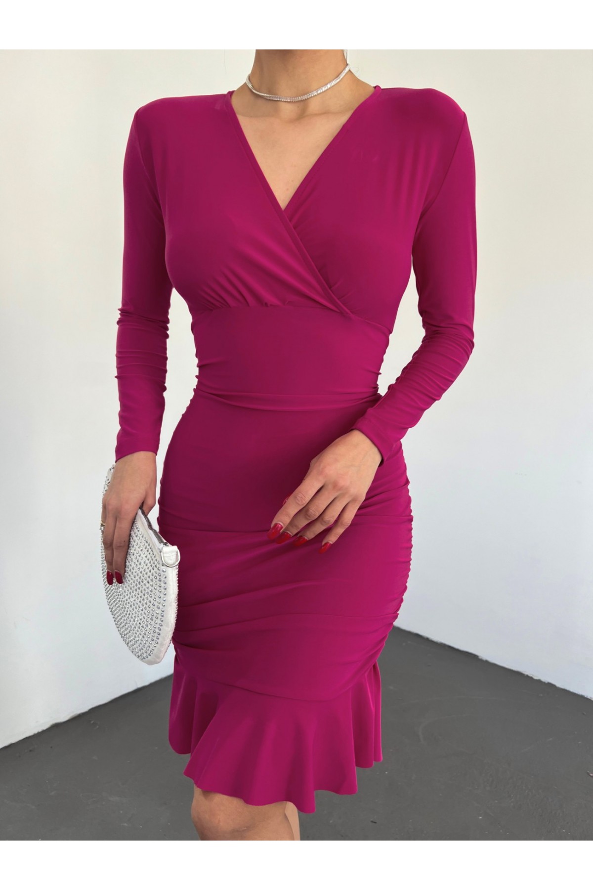 Yanları Lastikli Eteği Volanlı Sandy Mini Elbise -Vişne