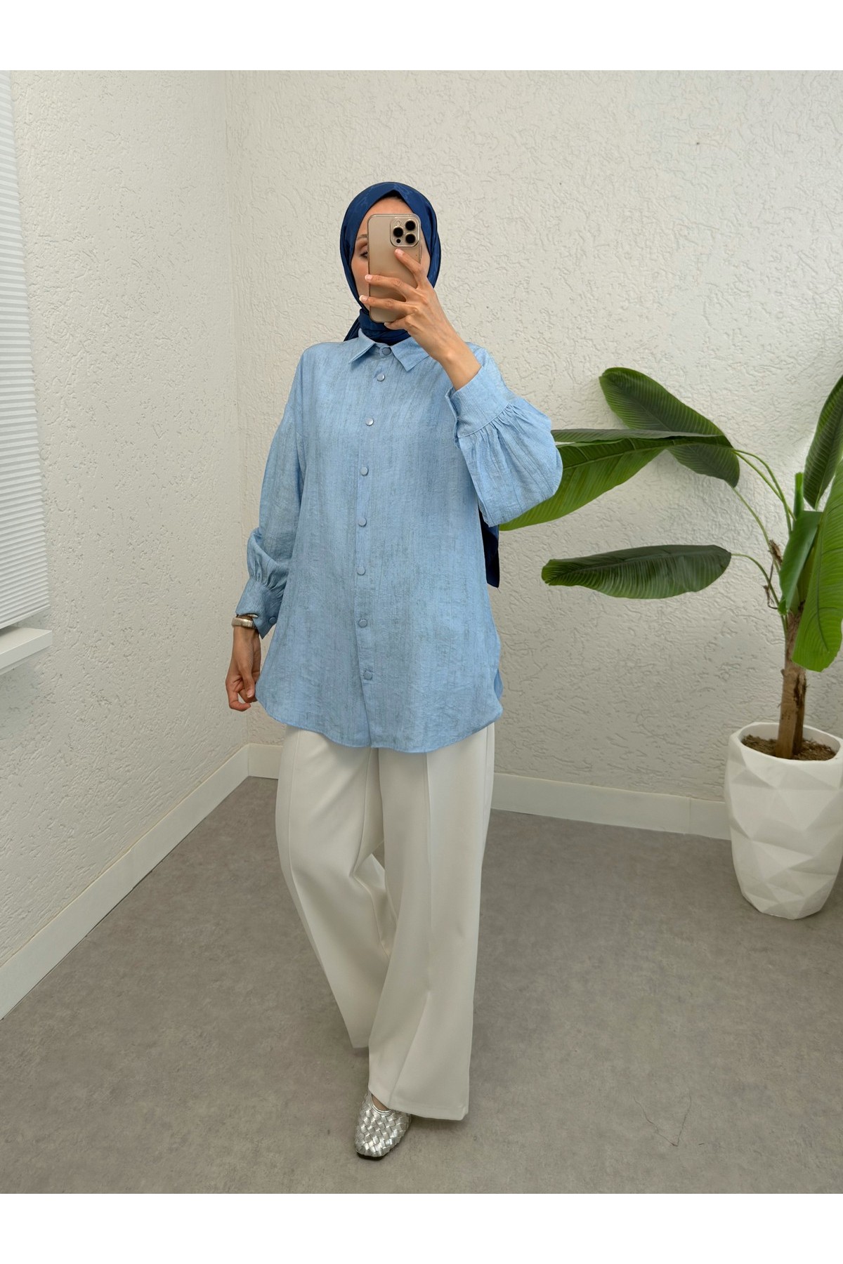 Yırtmaçlı Eteği Oval Kesim Gömlek -Bebe Mavi