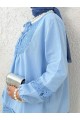 Dantel Detaylı Yakası Bağlamalı Kolu Lastikli Gömlek  -Mavi