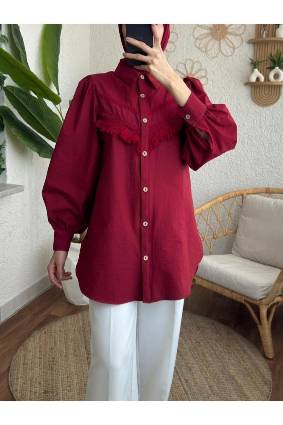 Güpür Püsküllü Ham Cupra Balon Kol Gömlek -Bordo