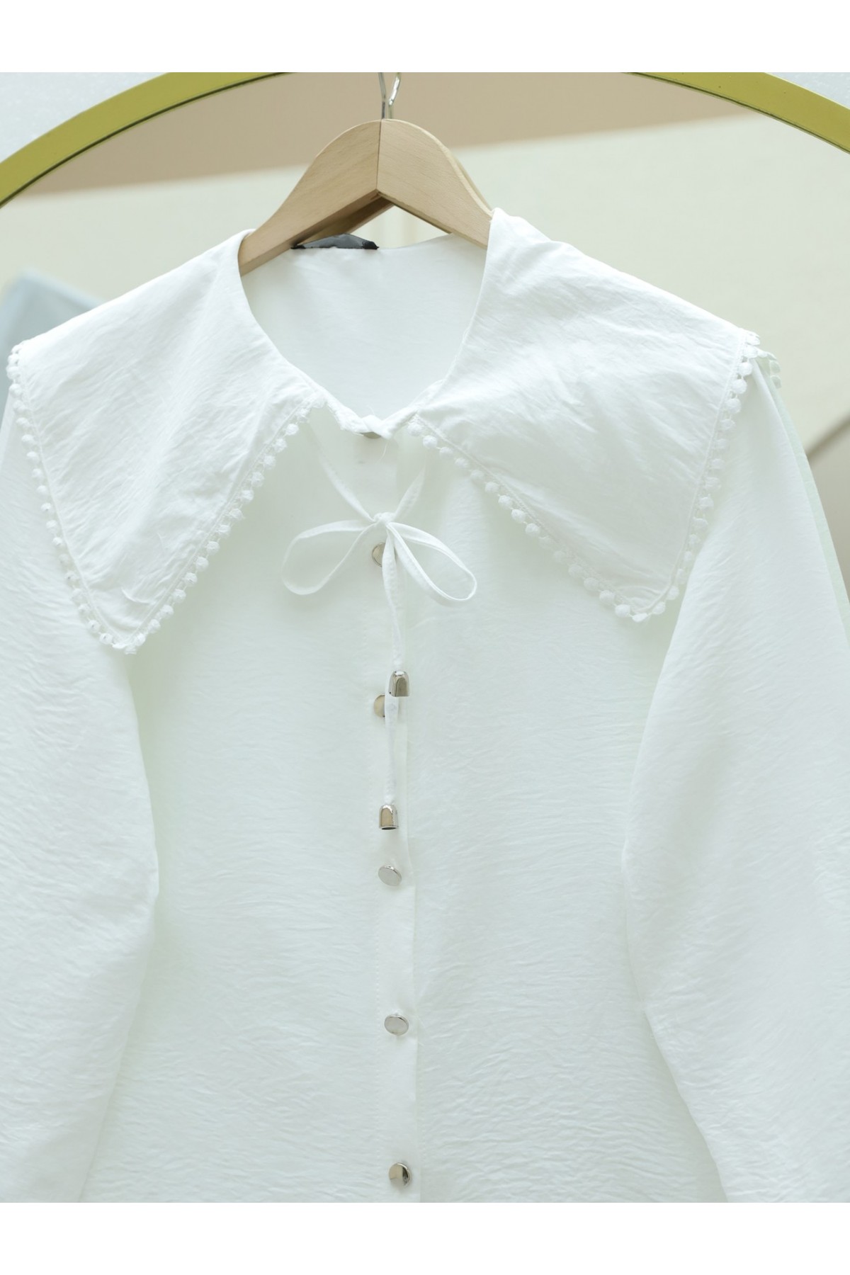 Bebe Yaka Dantelli Kolu Lastikli Gömlek -Beyaz