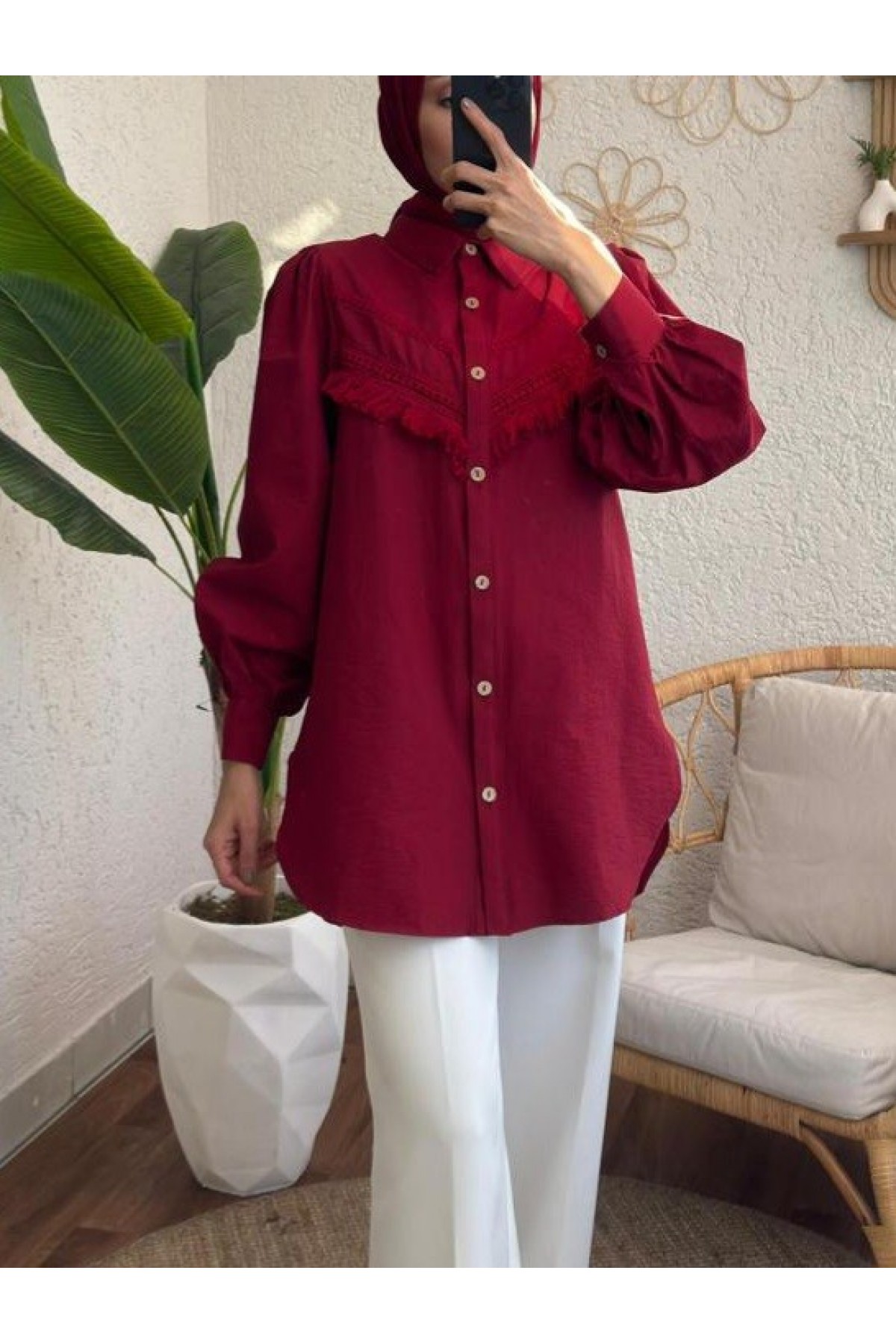 Güpür Püsküllü Ham Cupra Balon Kol Gömlek -Bordo