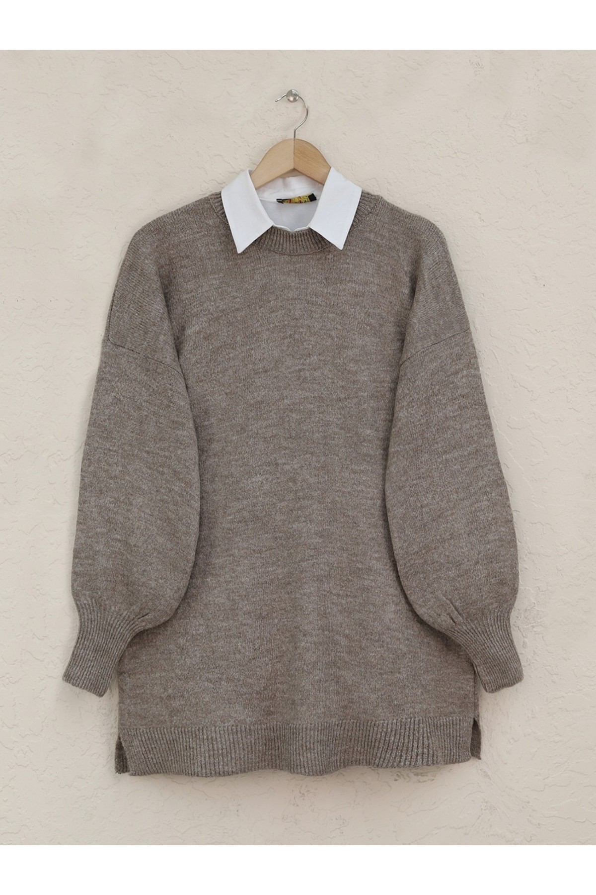 Yuvarlak Yaka Balon Kol Salaş Triko Kazak  -Kahve