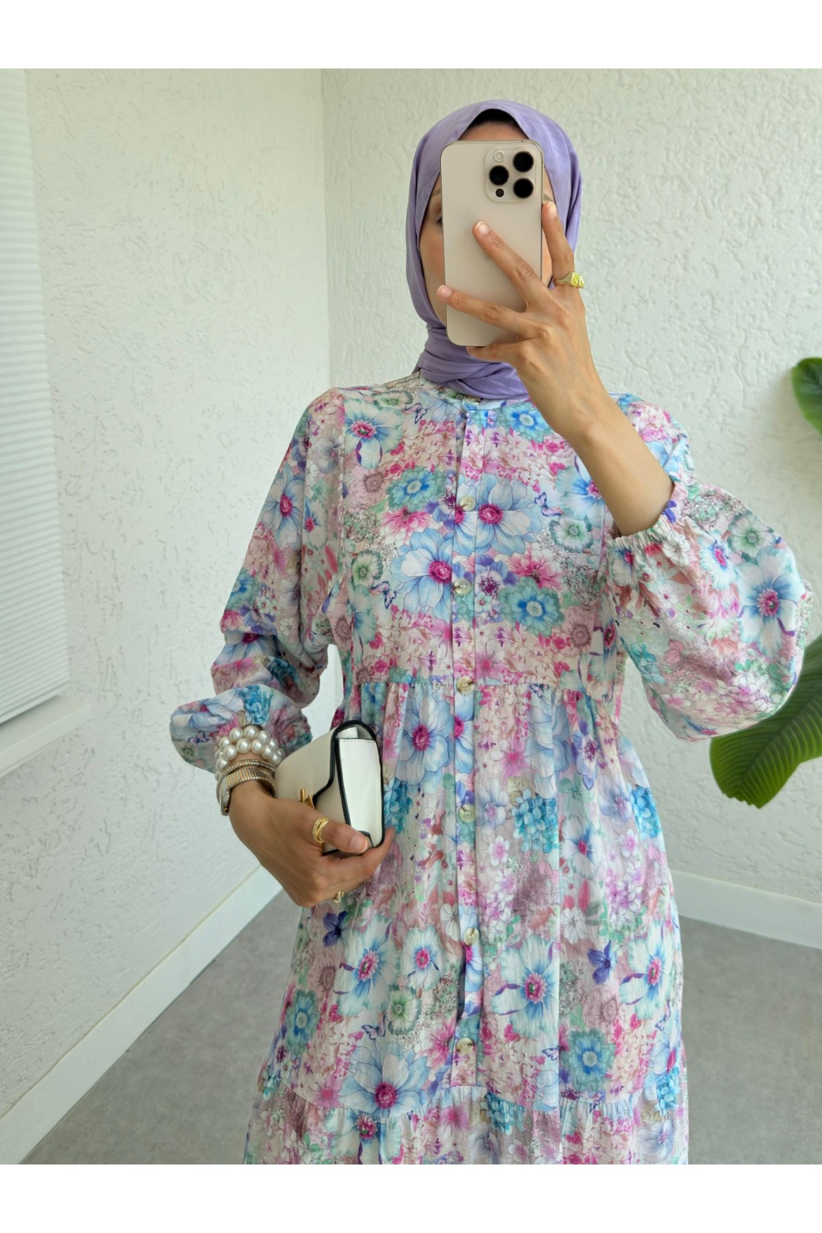 Yarım Düğmeli Kolu Lastikli Desenli Elbise  -Nar Çiçeği