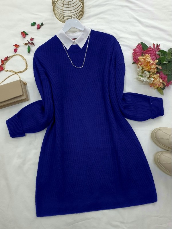 Bisiklet Yaka Baklava Desen Triko Kazak      -Saks