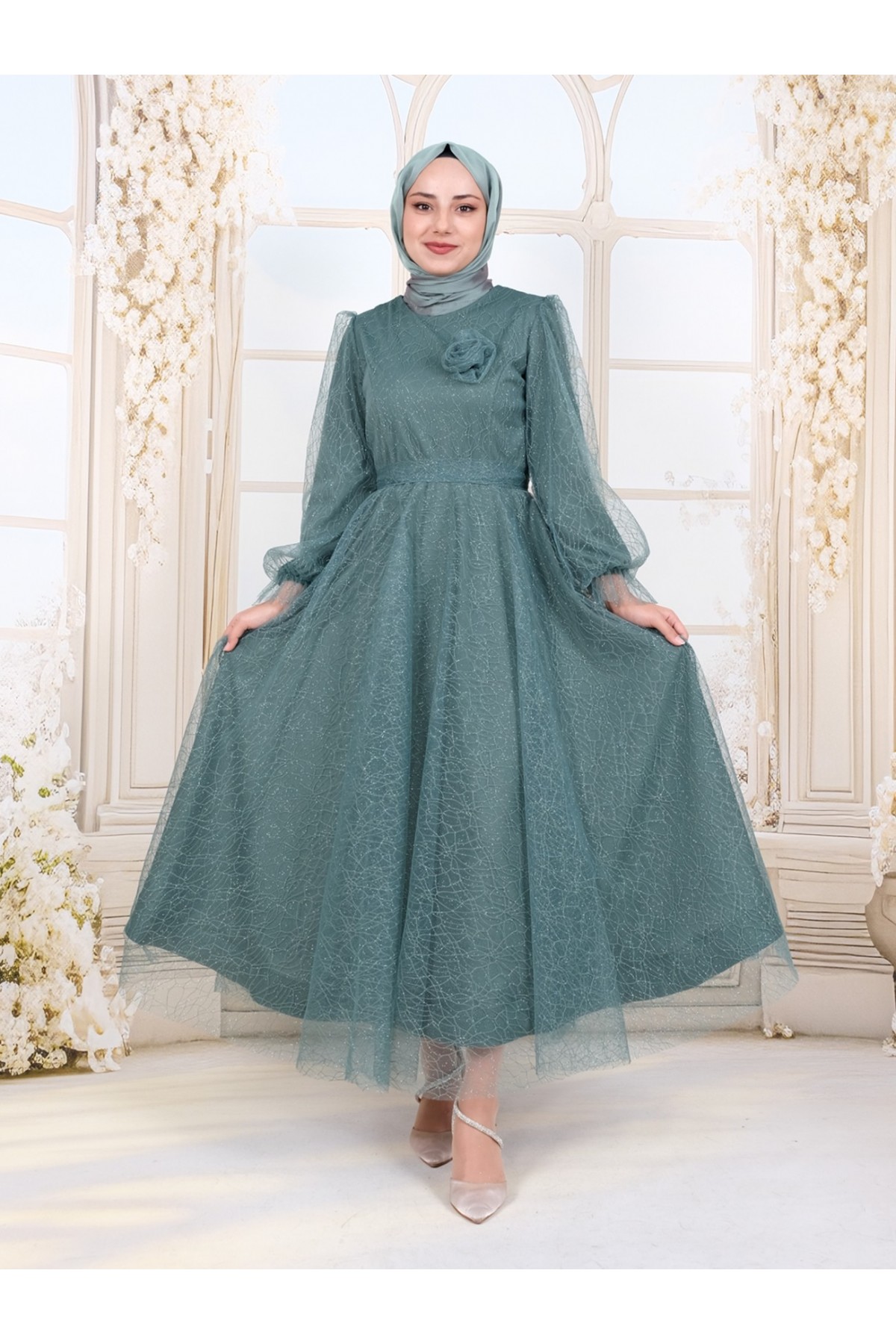 Kolu Lastikli Kuşaklı Simli Kabarık Tül  Abiye -Çağla Y.