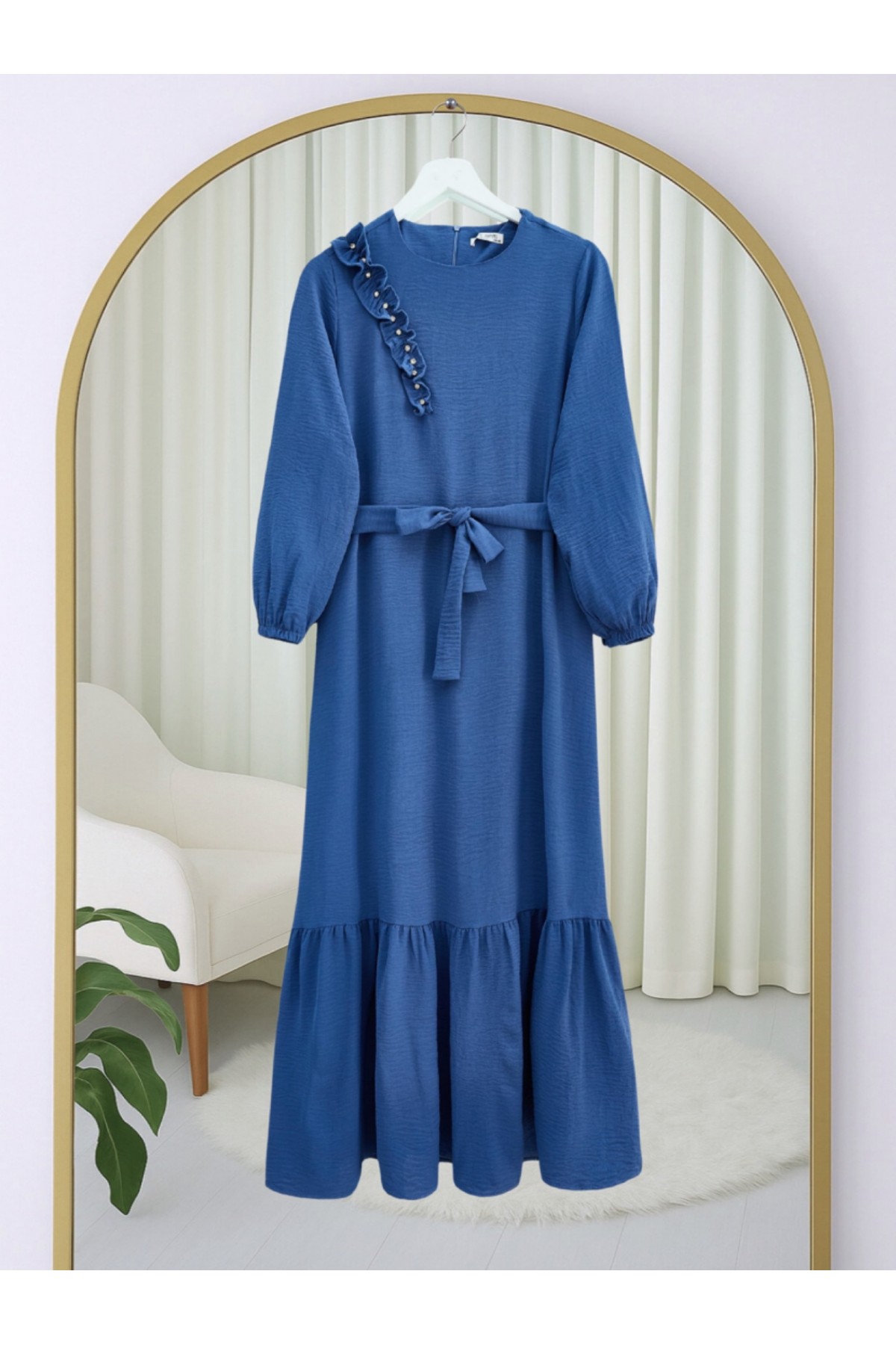 Fırfır Taş Detaylı Parça Eteklii Kemerli Ayrobin Elbise -İndigo