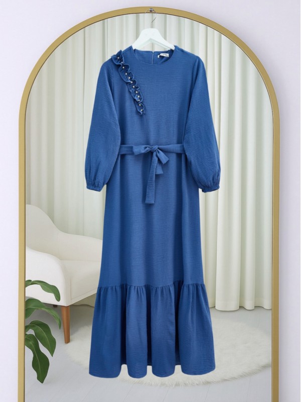 Fırfır Taş Detaylı Parça Eteklii Kemerli Ayrobin Elbise -İndigo