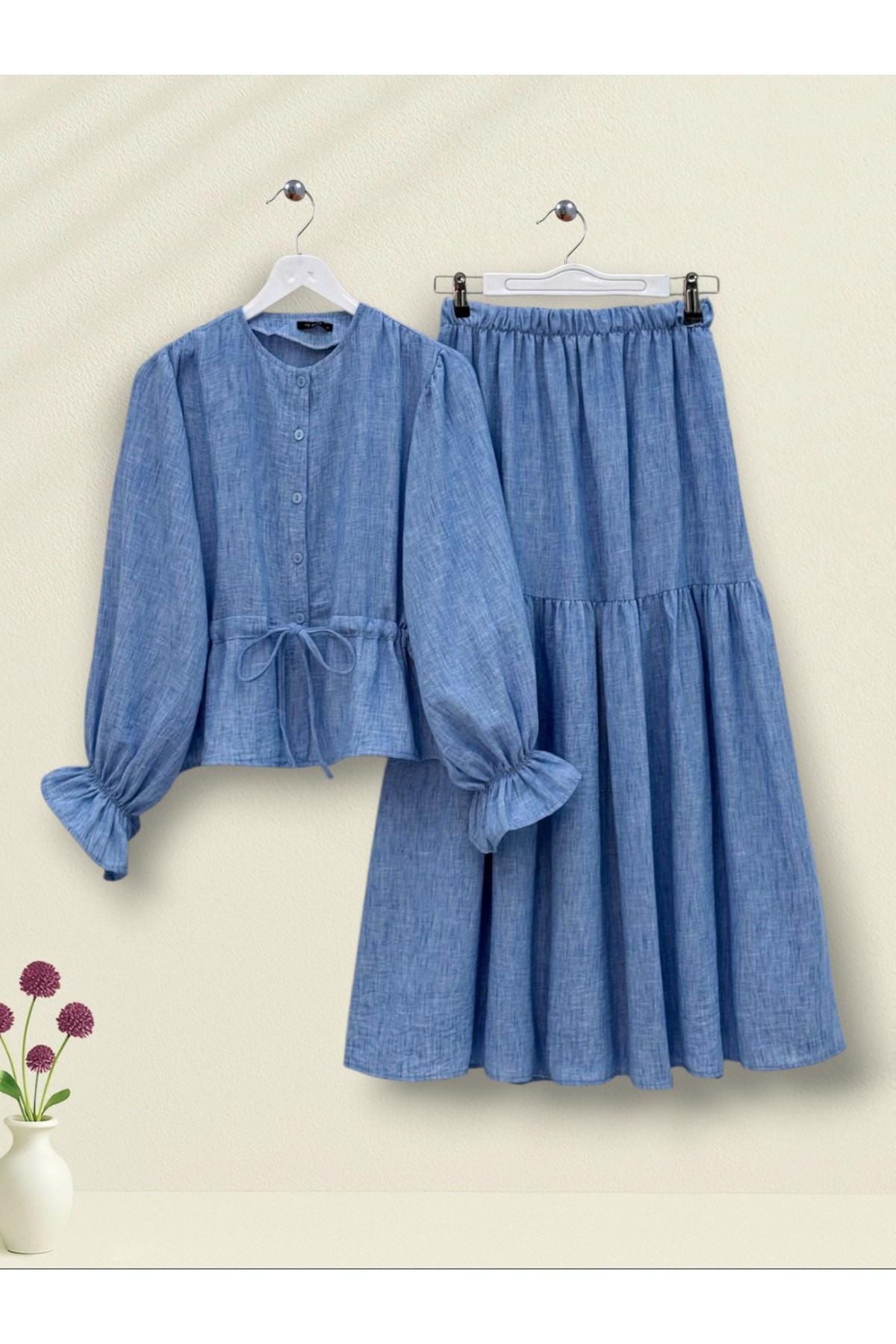 Önü Düğmeli Kolu Lastikli Tünel Bağcıklı Keten Takım -Mavi