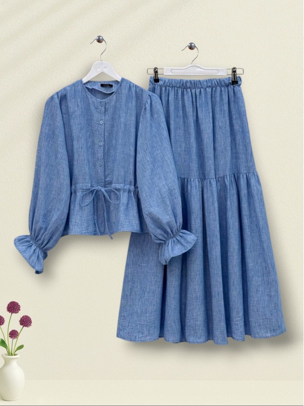 Önü Düğmeli Kolu Lastikli Tünel Bağcıklı Keten Takım -Mavi