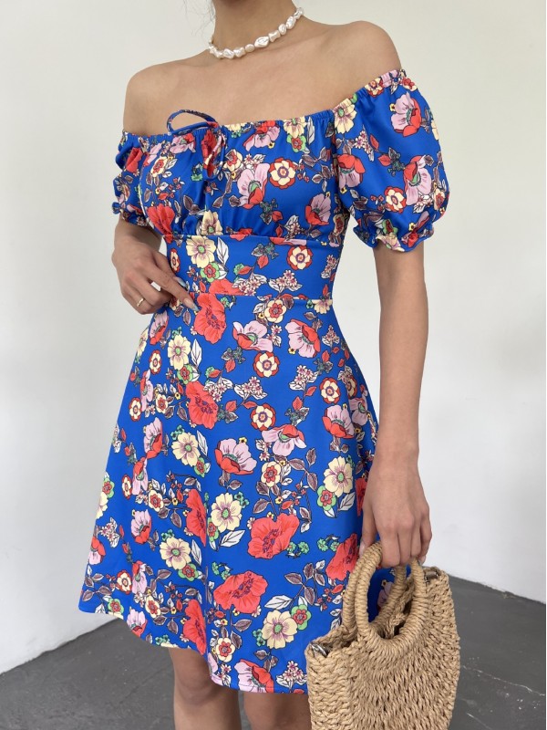 Yakası Lastikli Bağcık Detaylı Mini Elbise -Saks