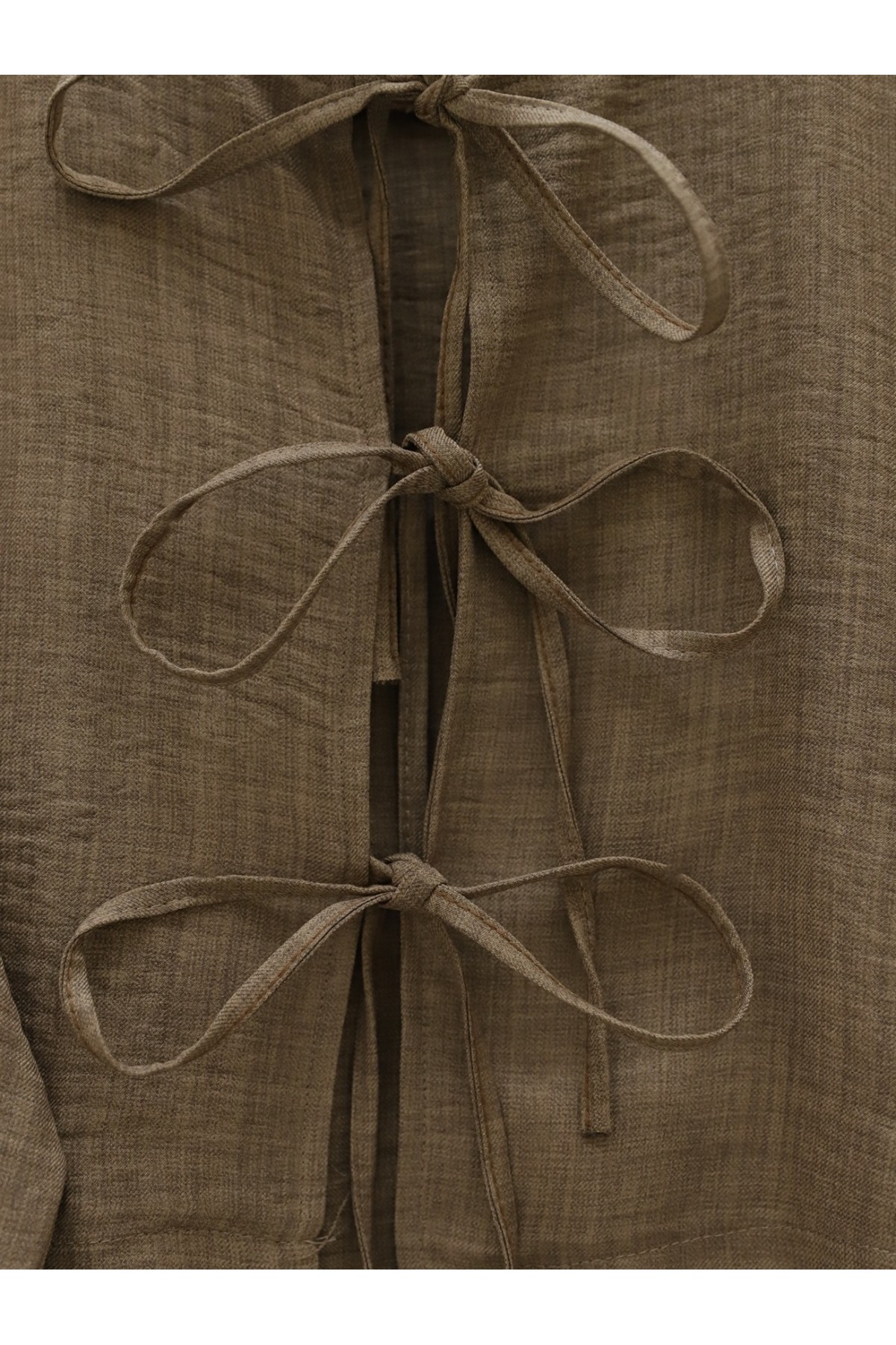 Önü Bağcıklı Beli Lastikli Etekli Keten Takım -Açık Kahve