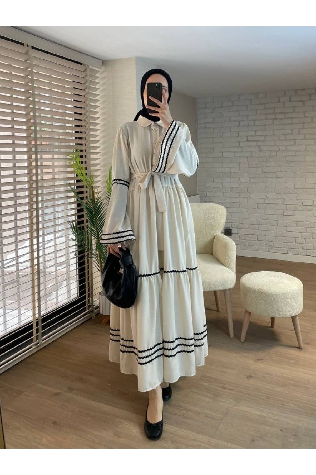 Kolları Ve Eteği Süzene Işlemeli Parçalı Elbise -Taş