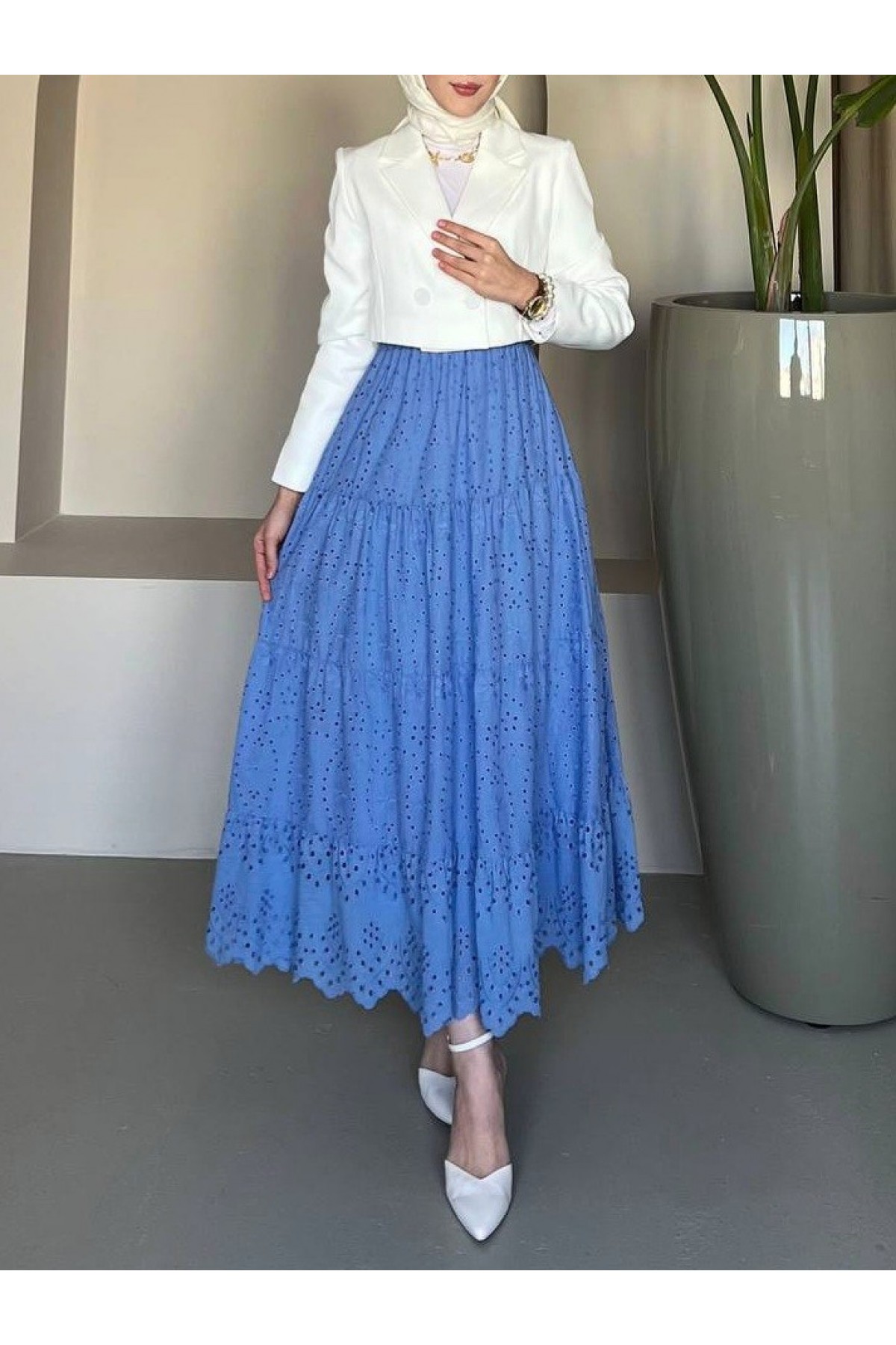 Fisto İşlemeli Katlamalı Etek -Mavi