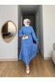 Önü Düğmeli Beli Bağcıklı Kolu Lastikli Etekli Dantelli Takım -Mavi