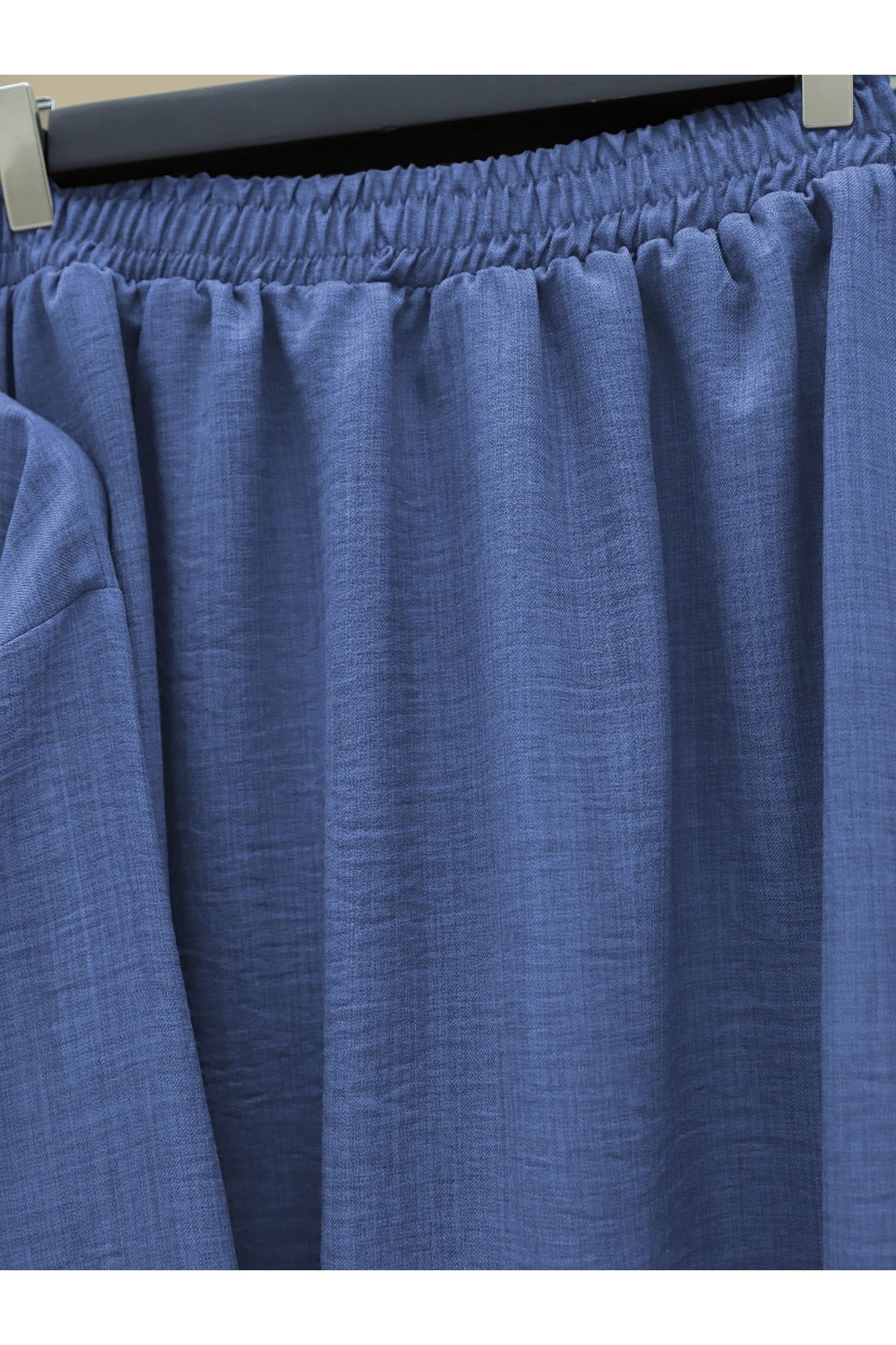 Önü Bağcıklı Beli Lastikli Etekli Keten Takım   -Mavi