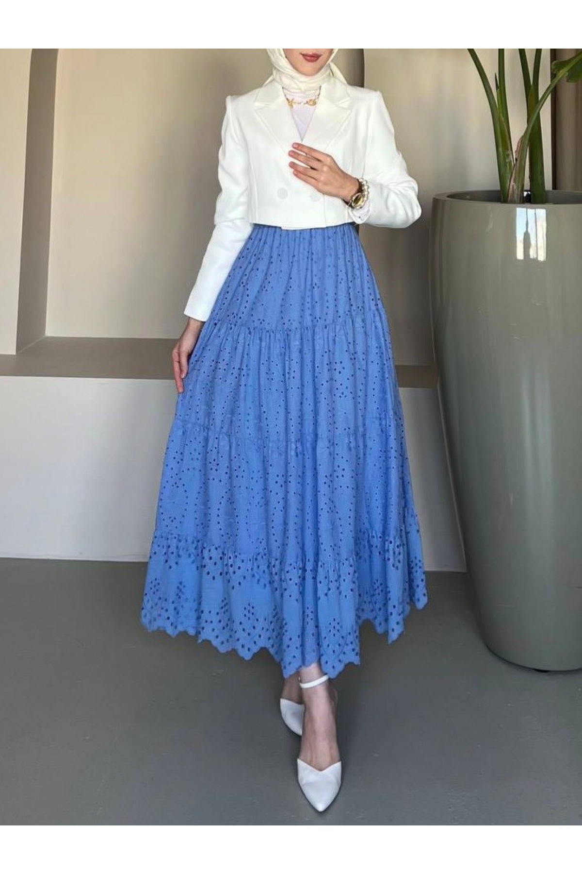 Fisto İşlemeli Katlamalı Etek -Mavi