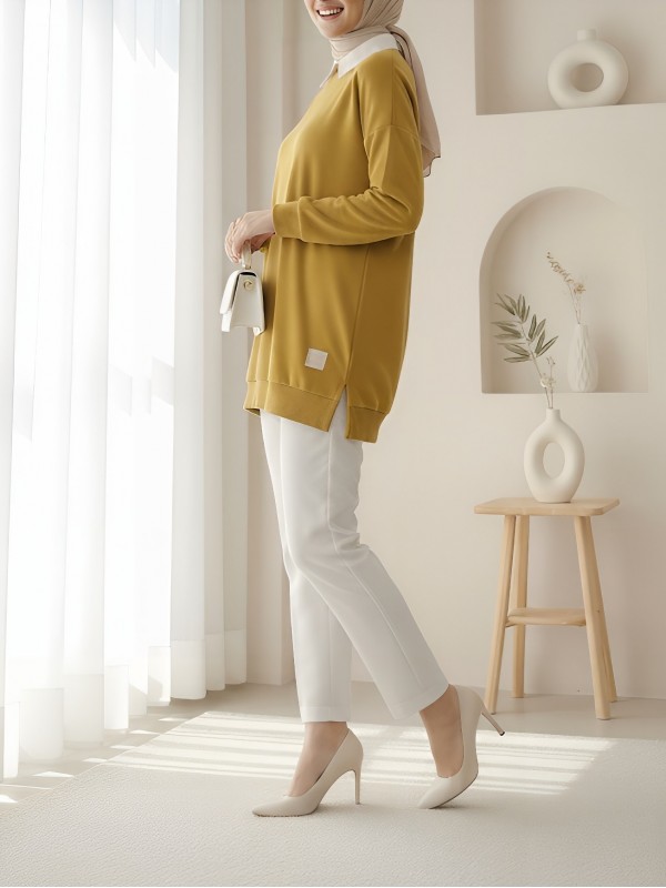 Bisiklet Yaka Yırtmaçlı Armalı Sweat  -Yağ Yeşili