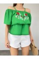 Gül Nakışlı Güpürlü İp Askılı Tişort -Yeşil