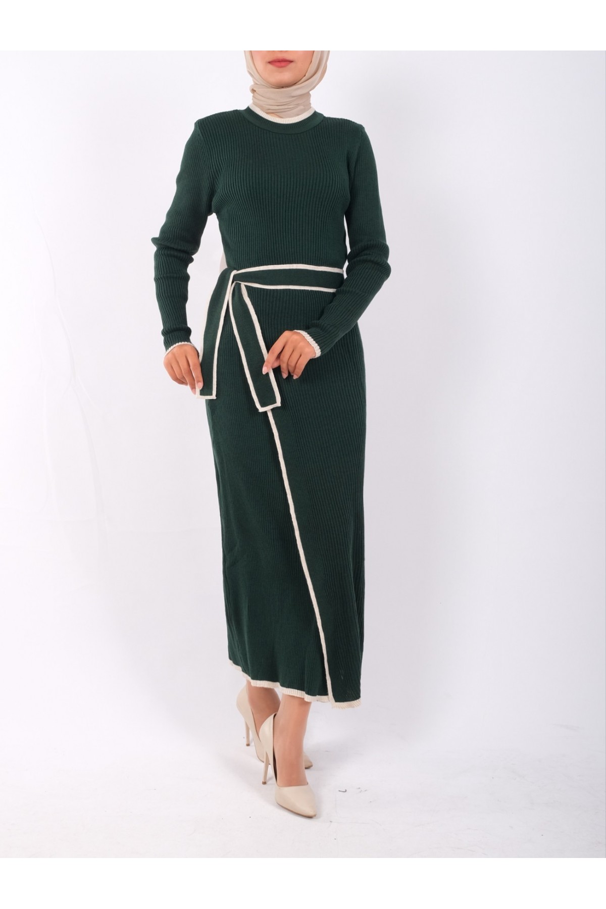 Yandan Bağlamalı Etekli Alerli Triko Elbise -Zümrüt